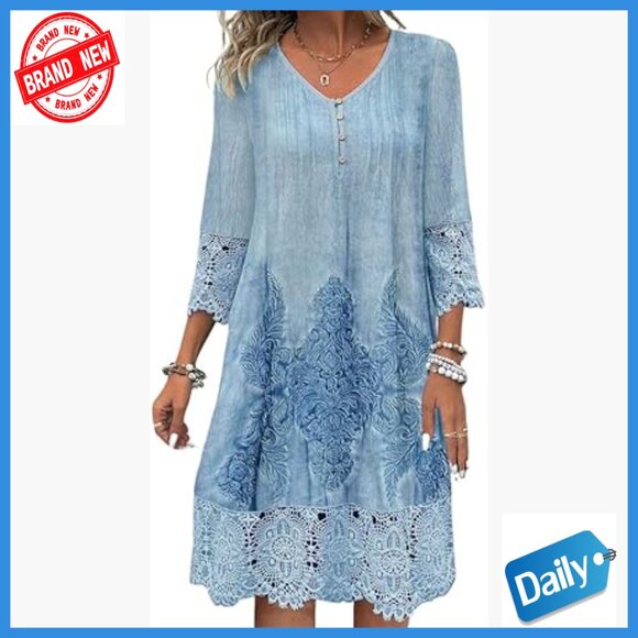 Dresses & Skirts - V-Neck 3/4 Sleeve A-Line Mini Dress Cotton Lace Embroidery Casual